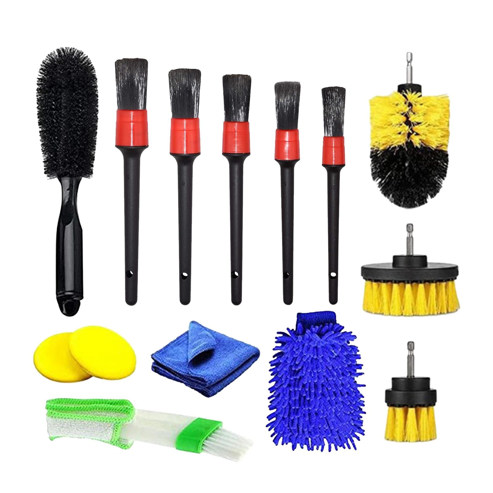 14PCS Car Detailing Brush Kit Set 5 Detail Brush 3 Drill Brushes 2 Car Wash Sponge Vent Brush multicolour