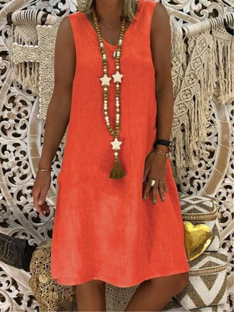 Summer V-neck Sleeveless Vest Solid Color Dress for Women L orange
