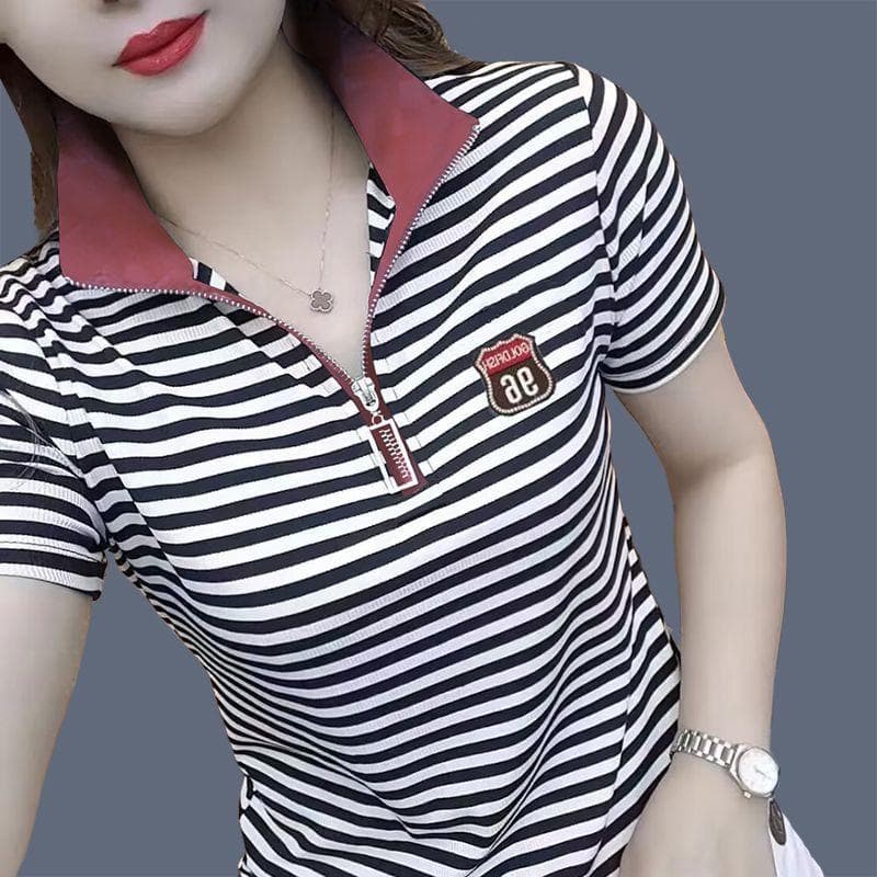 Summer New Half-zipper Short-sleeved T-shirt Women's Top Versatile Lapel Loose Large Size Middle-aged Mother POLO Shirt M