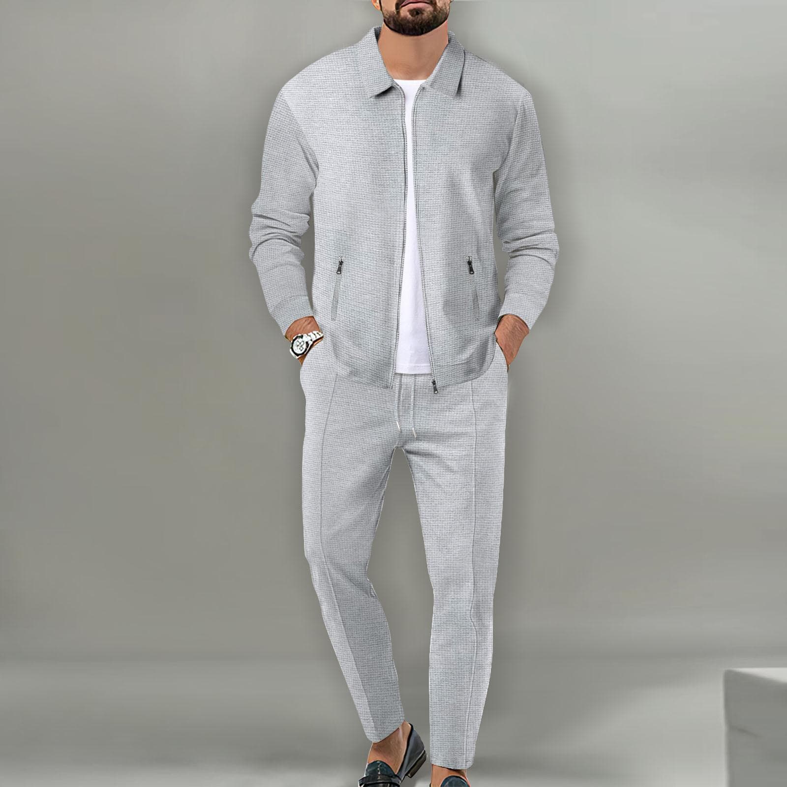 Men's Casual Blazer Set Fashion Waffle Baseball Suit Round Neck Pocket Zipper Long Sleeve Trousers Two-piece Set S grey