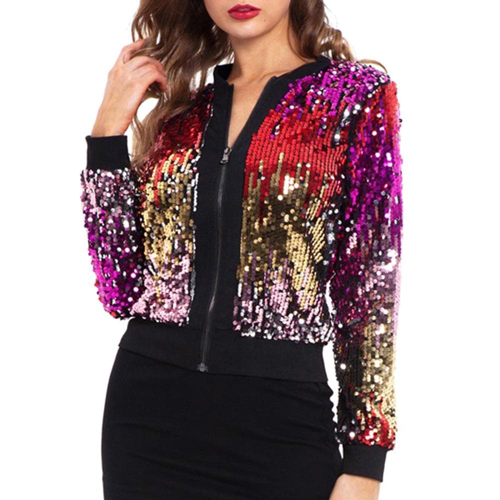 Women Sequin Jackets Sparkly Bomber Jackets VNeck Long Sleeve Zipper Glitter Clubwear Fashion Coat Small multicolour