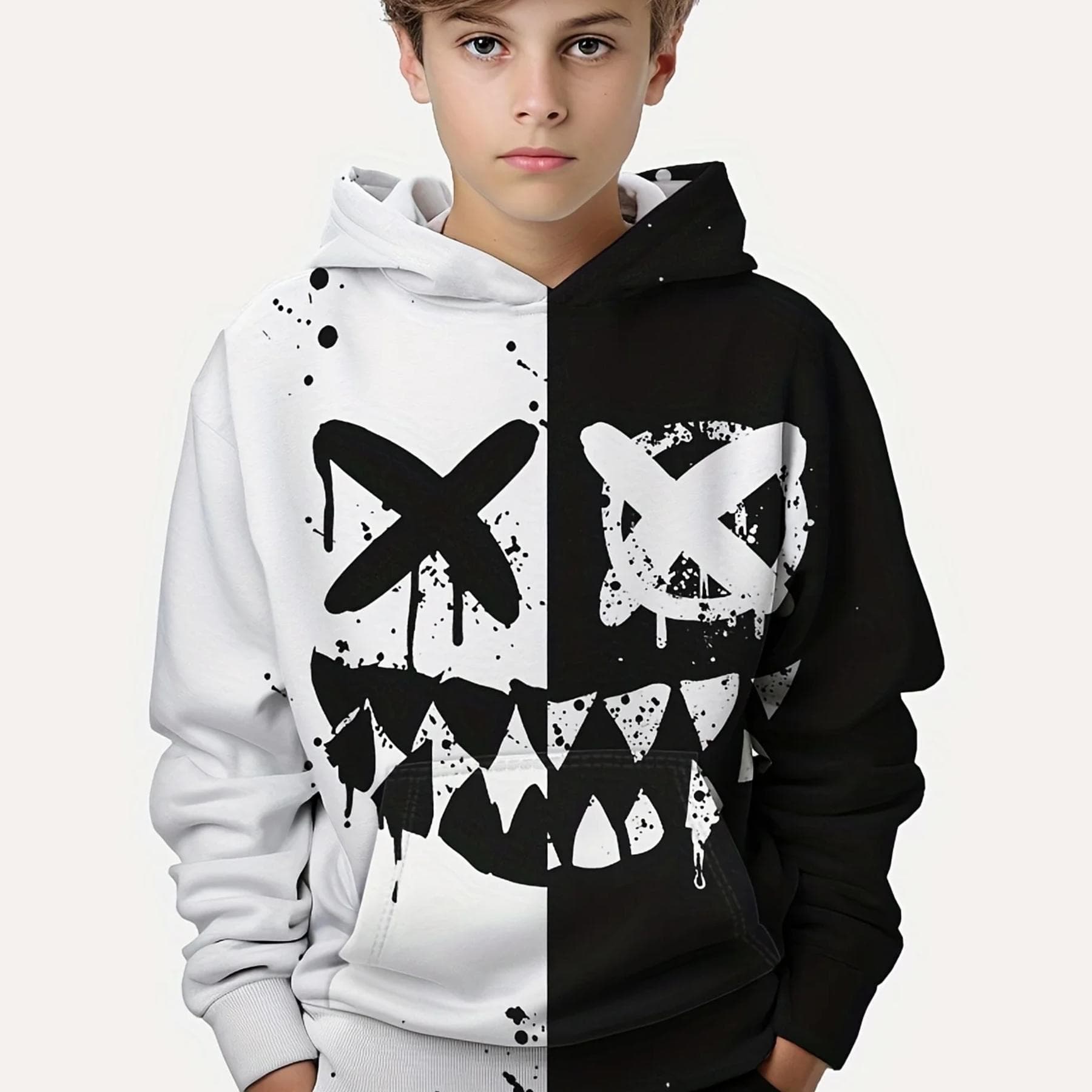 2023 Color Block Funny Smiling 3D Print Boys Casual Pullover Hooded Long Sleeve Sweatshirt For Spring Fall Kids Tops Outdoor 140
