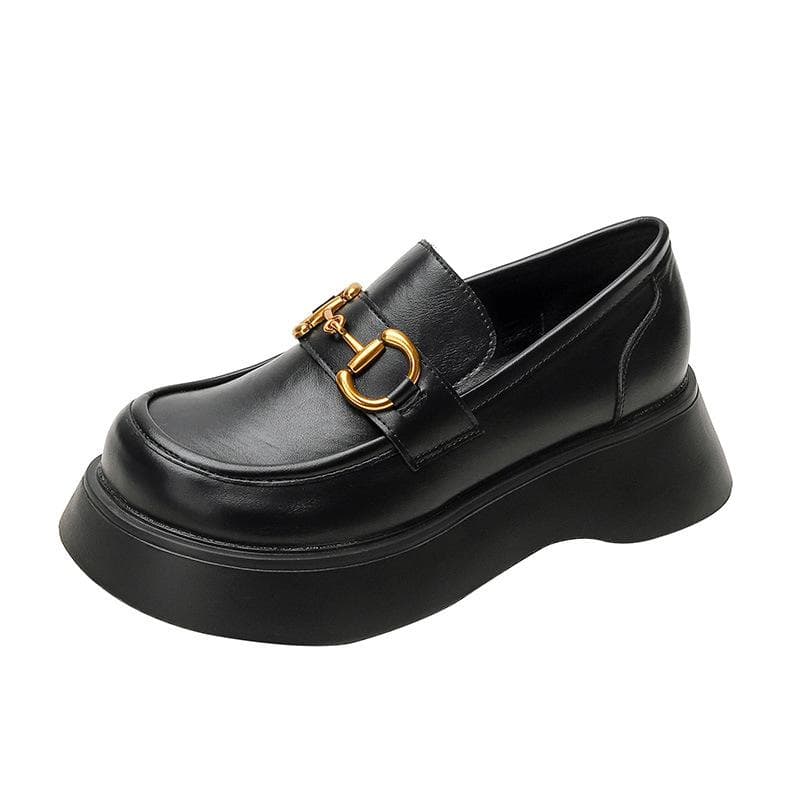 Thick-soled Big-toed Shoes Women's Spring New British Style Small Leather Shoes Student Metal Buckle Single Shoes Black Heightening 40