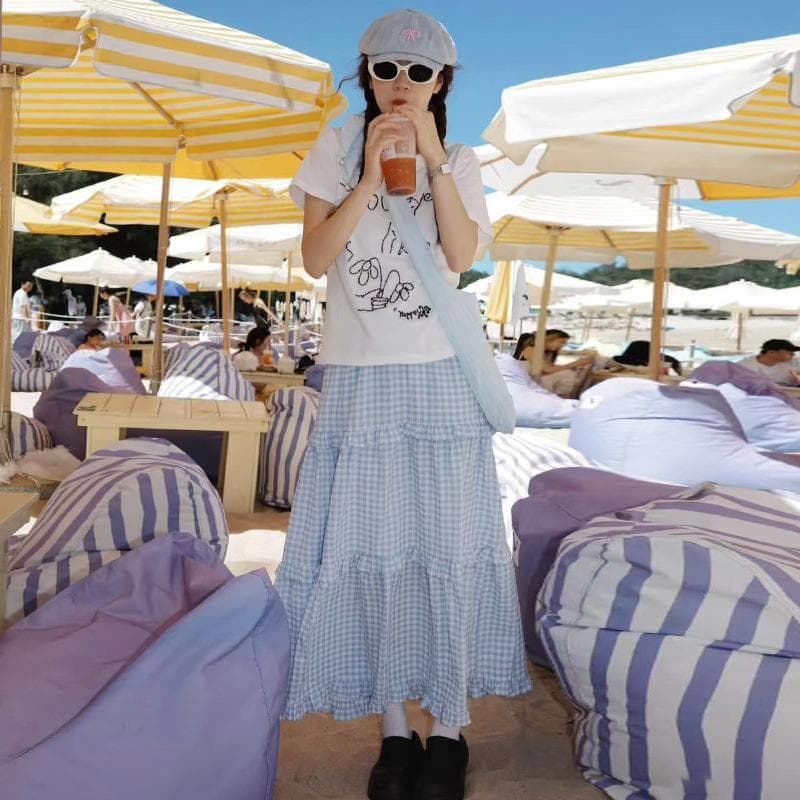 Blue Sweet and Gentle Plaid Cake Skirt for Women In Spring and Summer New A-line Plaid Skirt High-waisted Slim Skirt XL blue
