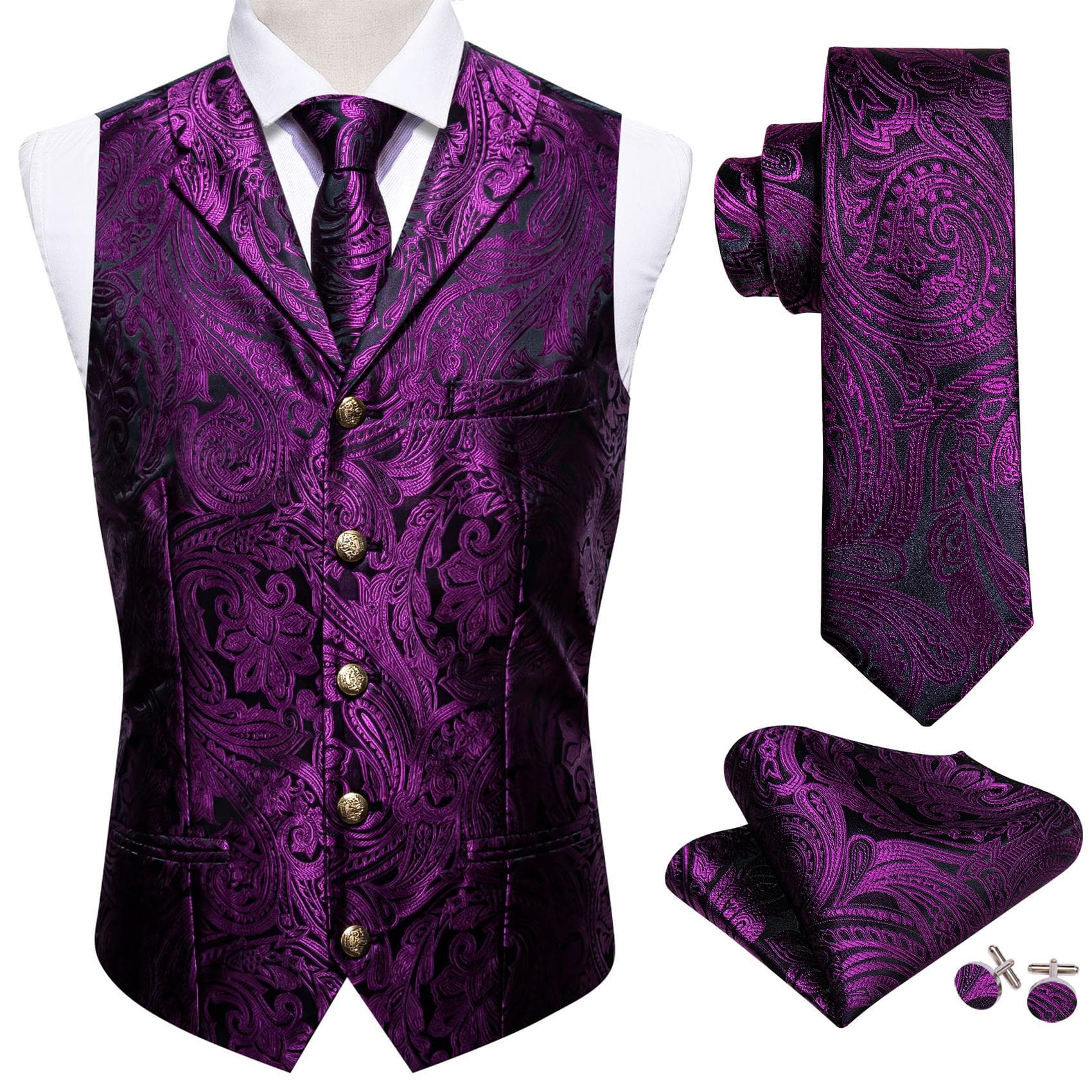 Barry.Wang Mens Waistcoat Vest Tie Hankerchief Cufflinks Dark Red Paisley Collar Copper Buckle Jacquard Woven Silk Wedding Dating Party Set 3XL