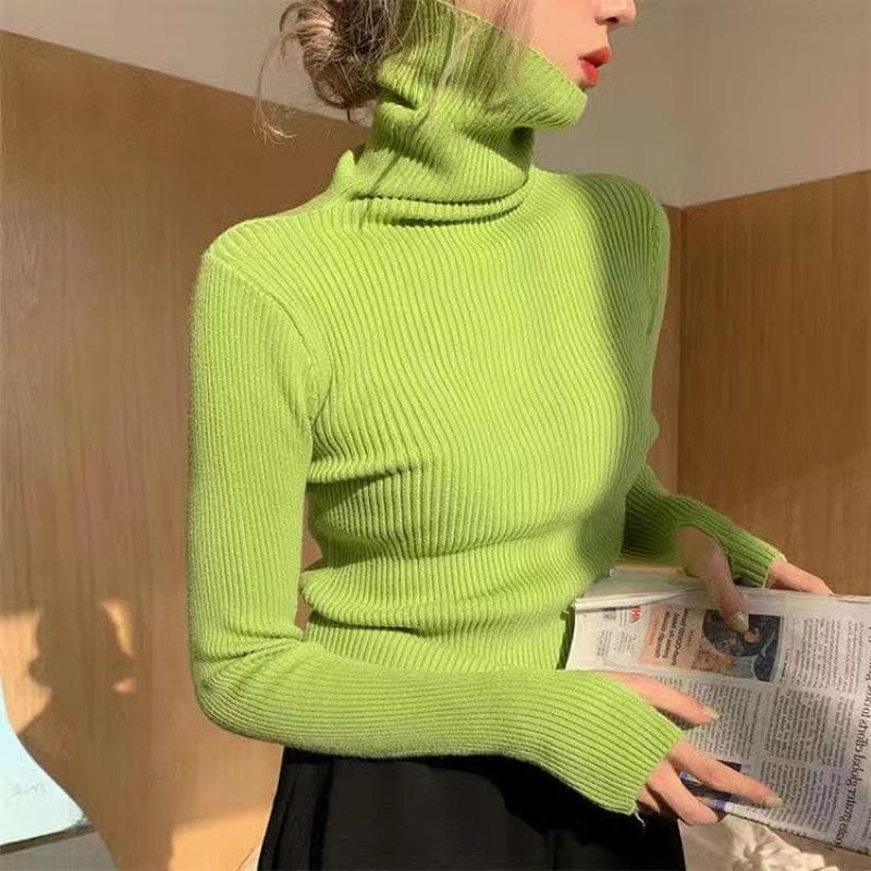 Women heaps collar Turtleneck Sweaters Autumn Winter Slim Pullover Women Basic Tops Soft Knit Sweater Soft Warm Jumper XXXL green