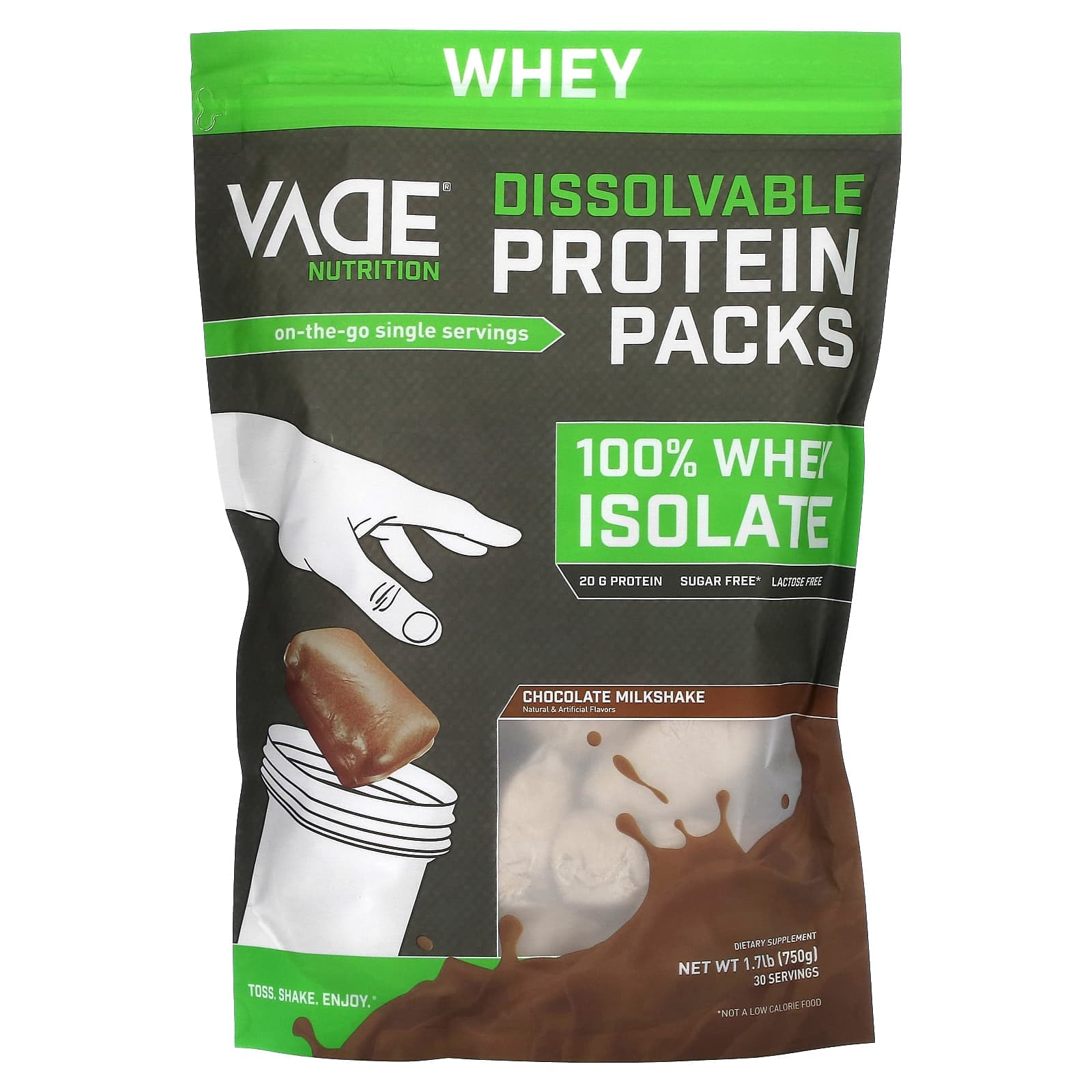 Vade Nutrition, Soluble Protein Pack, 100% Whey Isolate, Chocolate Milkshake, 1.7 lb (750 g)