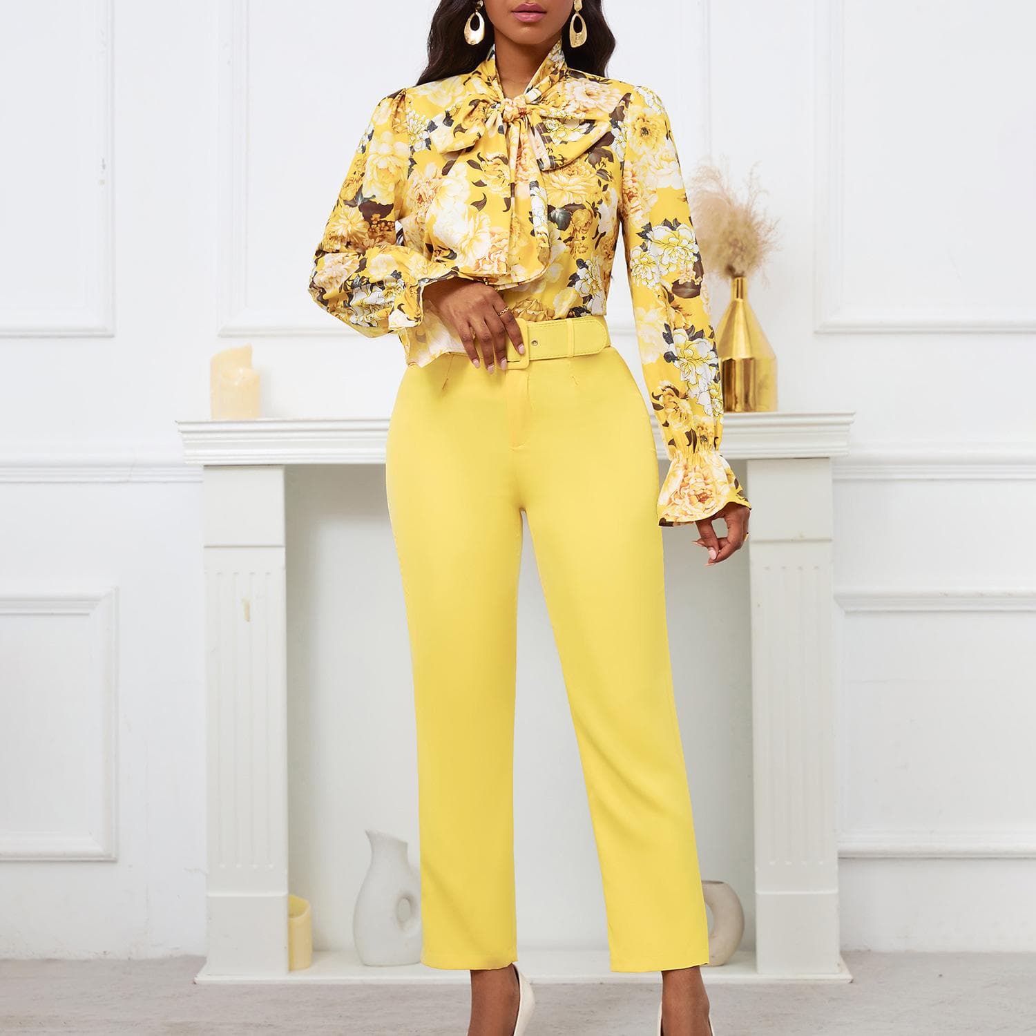 Women's Shirt Trousers Set Plus Size Spring and Autumn Fashion Printed Tie Long Sleeve Top High Waisted Suit Pants Casual Pants Set 3XL yellow