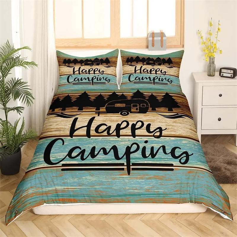 Happy Camping Comforter Cover King, Summer Camping Decoration Bedding For Boy Teens Family, Beach Vacation Style Duvet Cover Set 140x200cm 2pcs