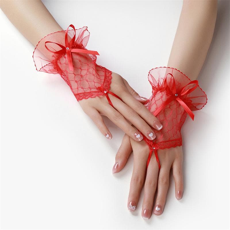 Gothic Short Black Gloves Female Lace Bridal Wedding Halloween Lolita Dress Net Gauze Bow Hand Sleeve Fishnet Gloves