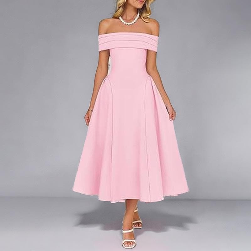 Summer Women's Fashion Off-shoulder Sexy Style One-length Solid Color Dress for Women S