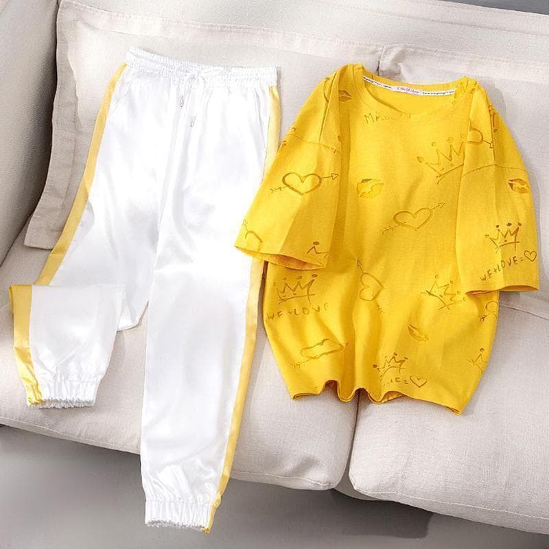 Sportswear Loose Cover Meat Casual Suit Sports Suit Two-piece Short-sleeved T-shirt Loose Wide-leg Pants Cute and Comfortable S