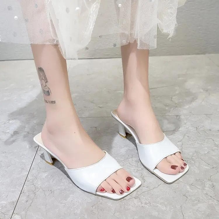 Fashion 2024 Summer Women's Flip Flops Square Toe Ladies Heel Mules Sexy Thick Heel Heels Sandals Slippers Female Fashion Woman Shoes 40 white