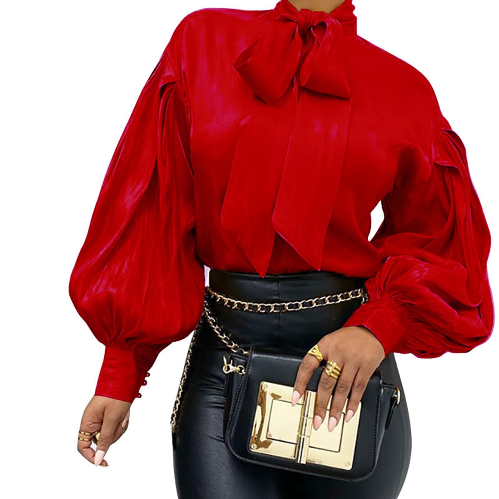 Women Long Sleeve Top Front Bow Tied Long Puff Sleeve Elegant Color Soft Loose Women Tunic Top for L(for 6.5-9kg) red