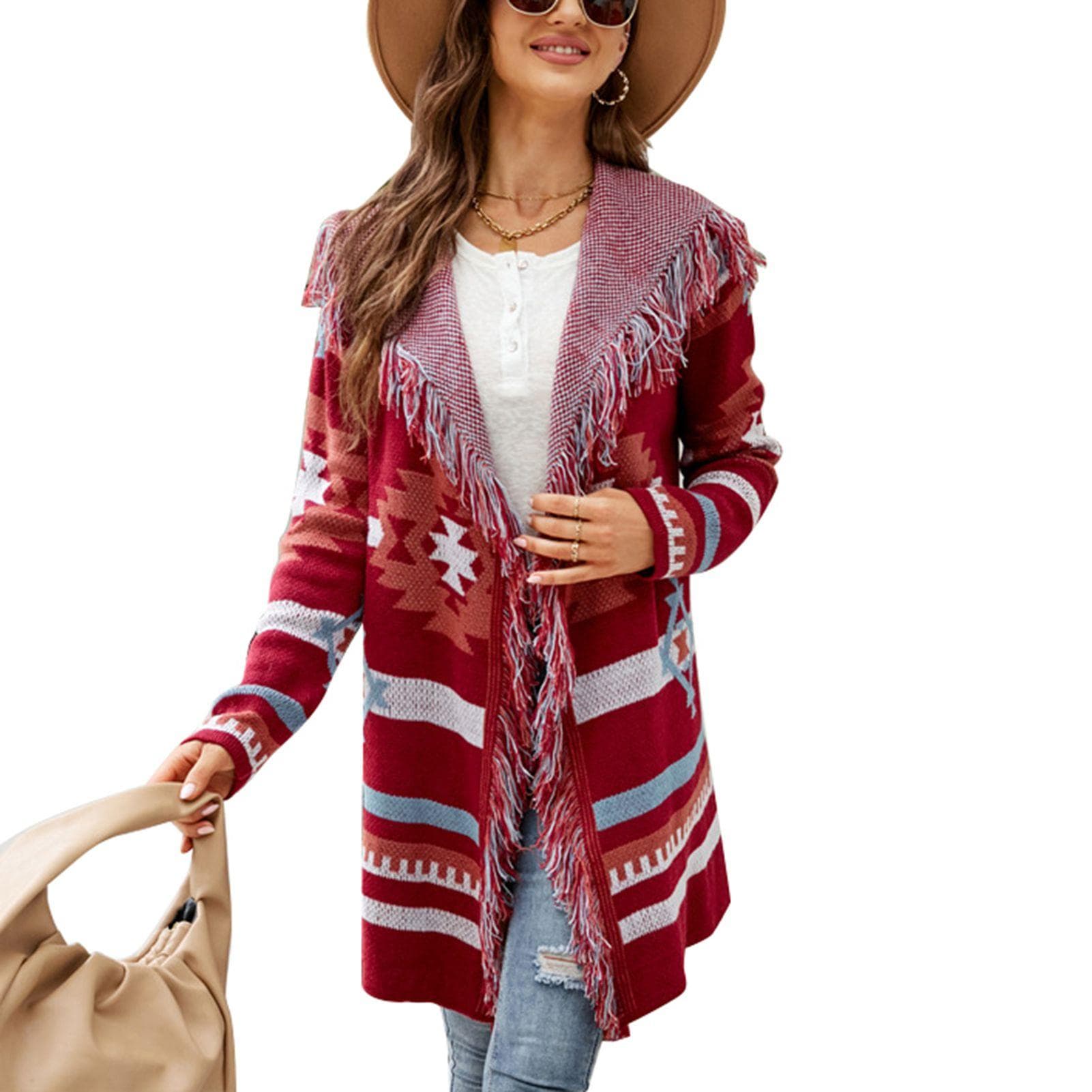Women Open Front Knitted Sweater Tassels Hooded Geometric Pattern Loose Outerwear Coat Red M M red
