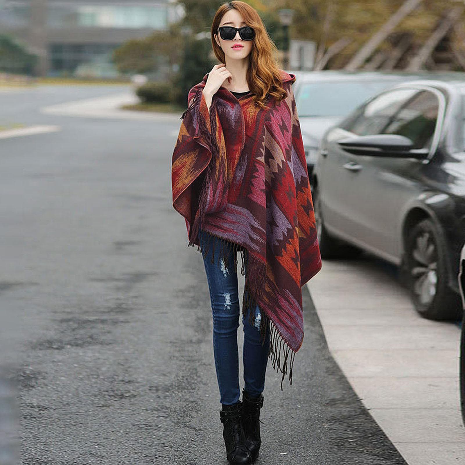 Vintage Women Autumn Hooded Cloak Geometric Buckle Tassel Warm Bohemian Casual Poncho One Size