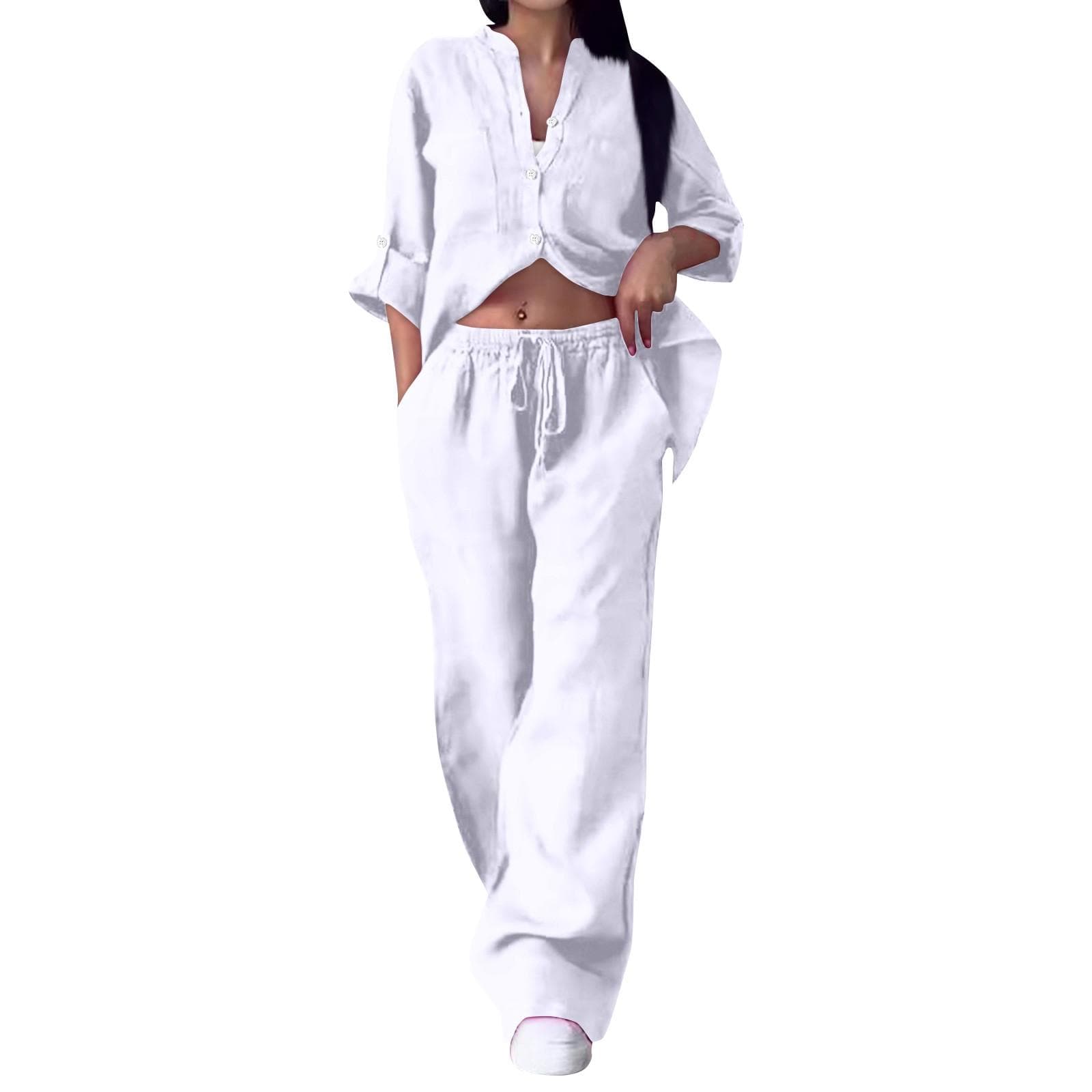 Women's 2-piece Casual Cotton And Linen Solid Color Shirt And Drawstring Wide Leg Pants Set L white