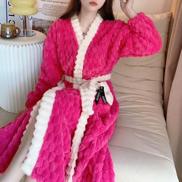 Hot Pink Kimono Thicken Coral Fleece Nightgown Women Loose Sleepwear Long Robes with Pocket Lady Autumn Winter New Bathrobe 3XL