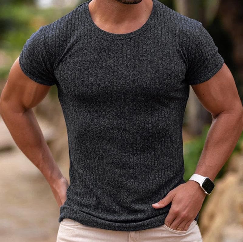 Men's Stretch T-Shirt Ribbed Knit Sleeve Bodybuilding Gym Tee Short Sleeve Slim Fit Workout Shirts Summer Breathable Round Nack T-Shirts for Men 4XL dark gray