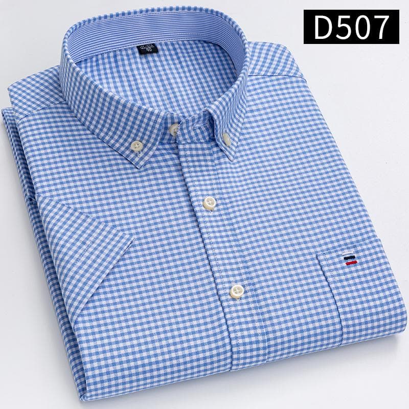 Men's Classic Solid Color Striped Short-sleeved Oxford Front Pocket Cotton Shirt 42 acid blue