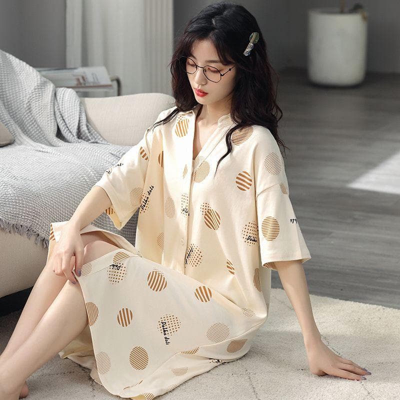 Night Dress Women's Summer Pure Cotton Nightgowns Cardigan Thin Short Sleeved Mid Sleepskirt Loose Casual Girls Home Clothing 2XL beige