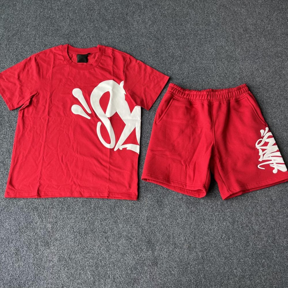 Synaword Men's Trendy American Foam Letter Print T-Shirt & Shorts Set XL red