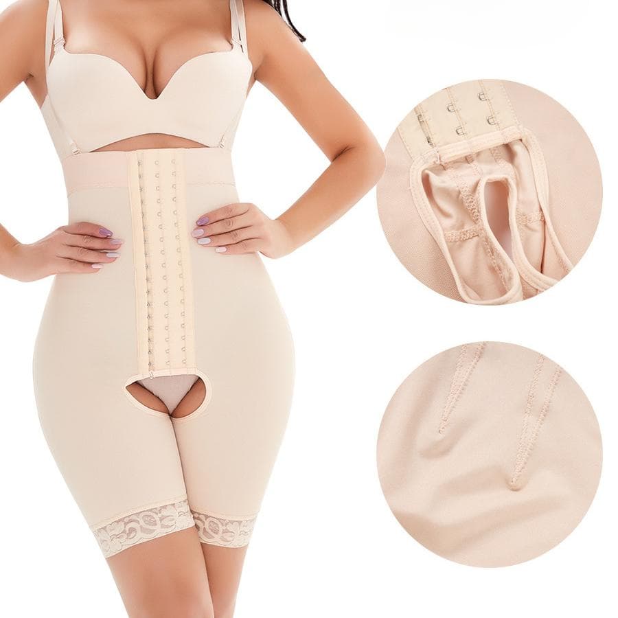 Women 9 Breasted High Waist Crotchless Bodysuit Shapewear Booty Lifter Compression Underwear Belly Control Slimming Body Shaper M beige