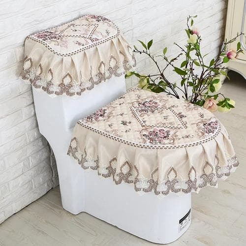 Household Toilet Seat Cushion Three Piece Set Lace Fabric Toilet Mat European style flowers Flush Toilet Seat Cover