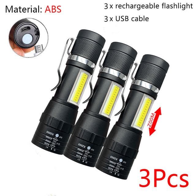 1-5Pcs Portable Mini LED Flashlight Q5+COB Lamp Beads Built In Battery Torch Rechargeable Zoom Penlight Outdoor Camping Lantern 3 × Flashlight No Box