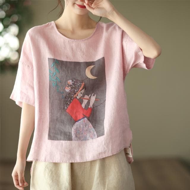 New Summer Retro Literary Printed Cotton and Linen Top for Women's Loose Round Neck Short-sleeved T-shirt Versatile Head 3XL