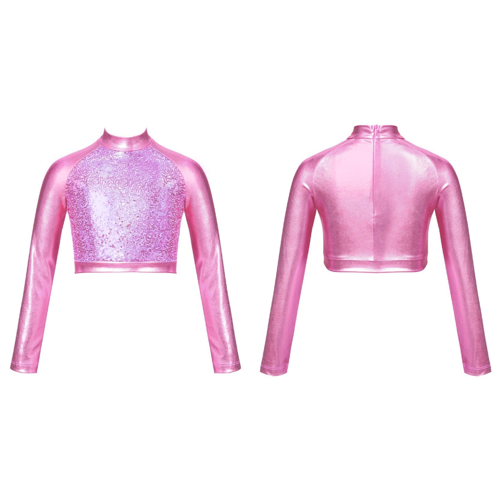 Kids Girls High Neck Glitter Crop Top Metallic Long Sleeve T-Shirt Ballet Dance Leotard Gymnastics Performance 11-12 Years pink