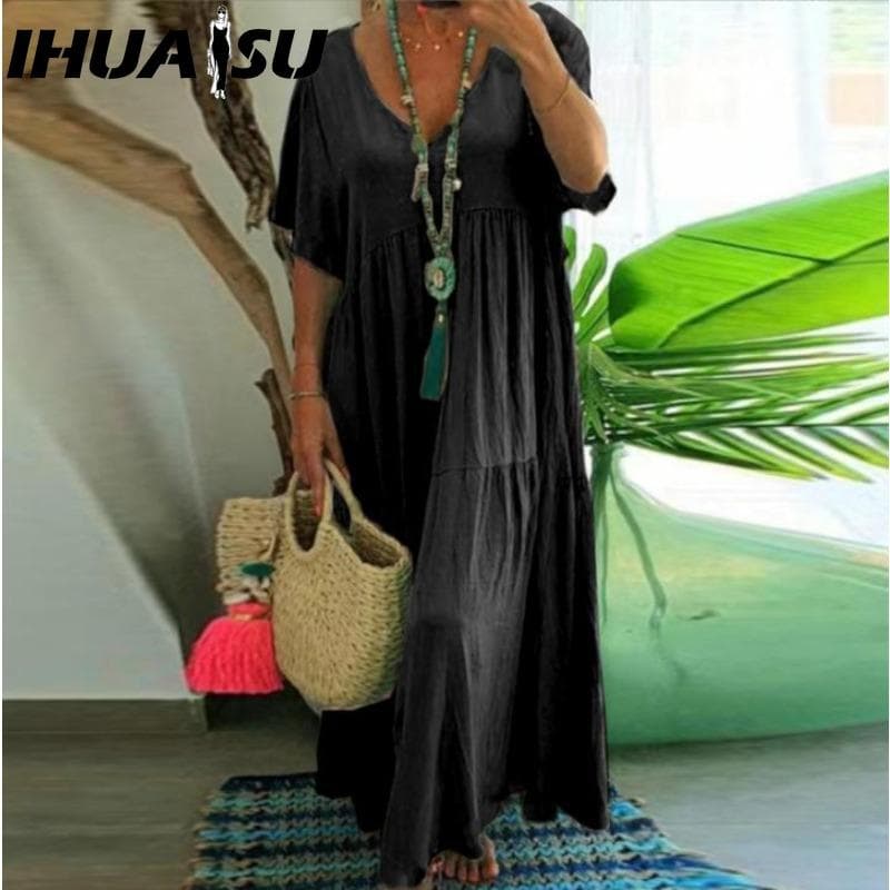 IHUASU Women Summer Fashion Solid V-Neck Plus Size Dress Loose Long Oversized Casual Short Sleeve Dress XXXXL black