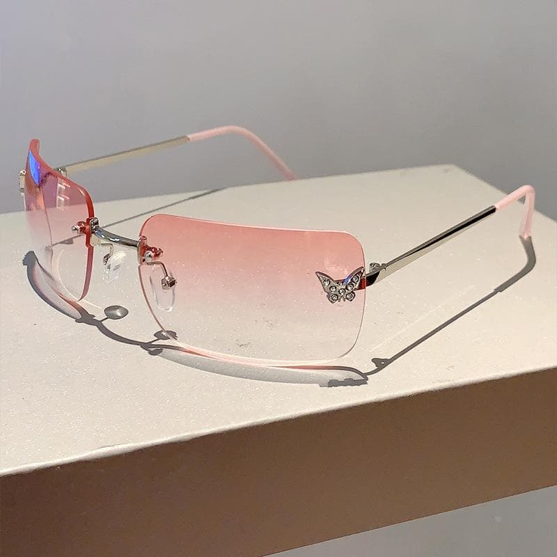 Y2K Luxury Designer Rimless Square Sunglasses Women Trendy UV400 Pink Punk Shades Butterfly Diamond