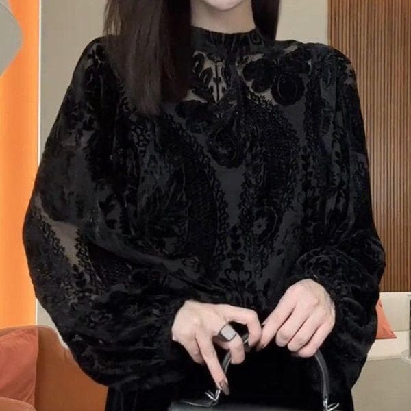 Lace Flocking Top Women Autumn Hollow Sculpted Top Forward and Back Bottom Long Sleeve Shirt 3XL