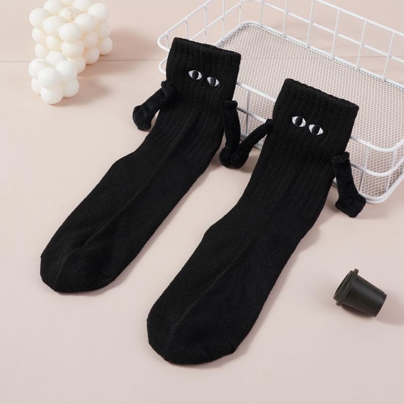 Unisex Funny Magnetic Mid-tube Socks Couple Girlfriends Socks Women's Cute Holding Hands Cotton Socks Black White Embroidery eyes