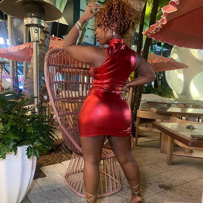 Women's Gold-plated Imitation Leather Stand Collar Sleeveless Waist-pack Hip Dress for Women L red