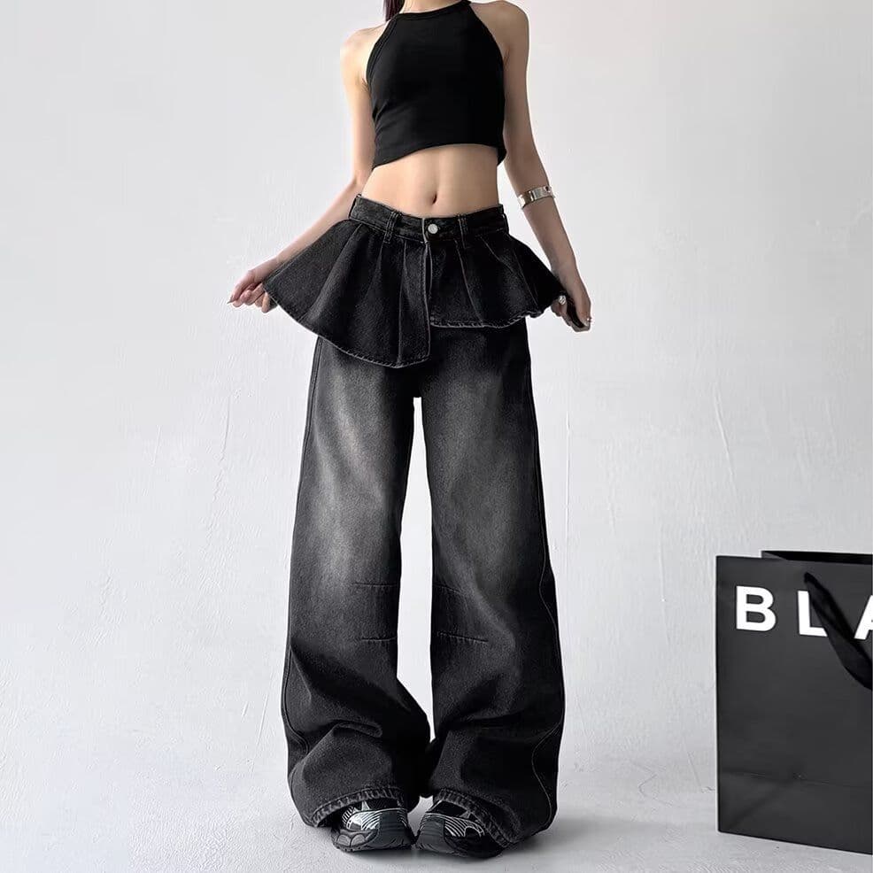 Black and Gray Fake Two-piece Skirt Design Jeans for Women's New Summer Draped Wide-leg Pants S