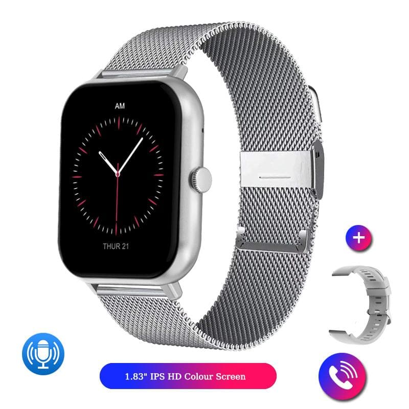 2025 New Bluetooth Call Smart Watch Men 100+ Sports Modes 1.83 Inch Screen Women Waterproof smartwatch for Android IOS Milan Net silver