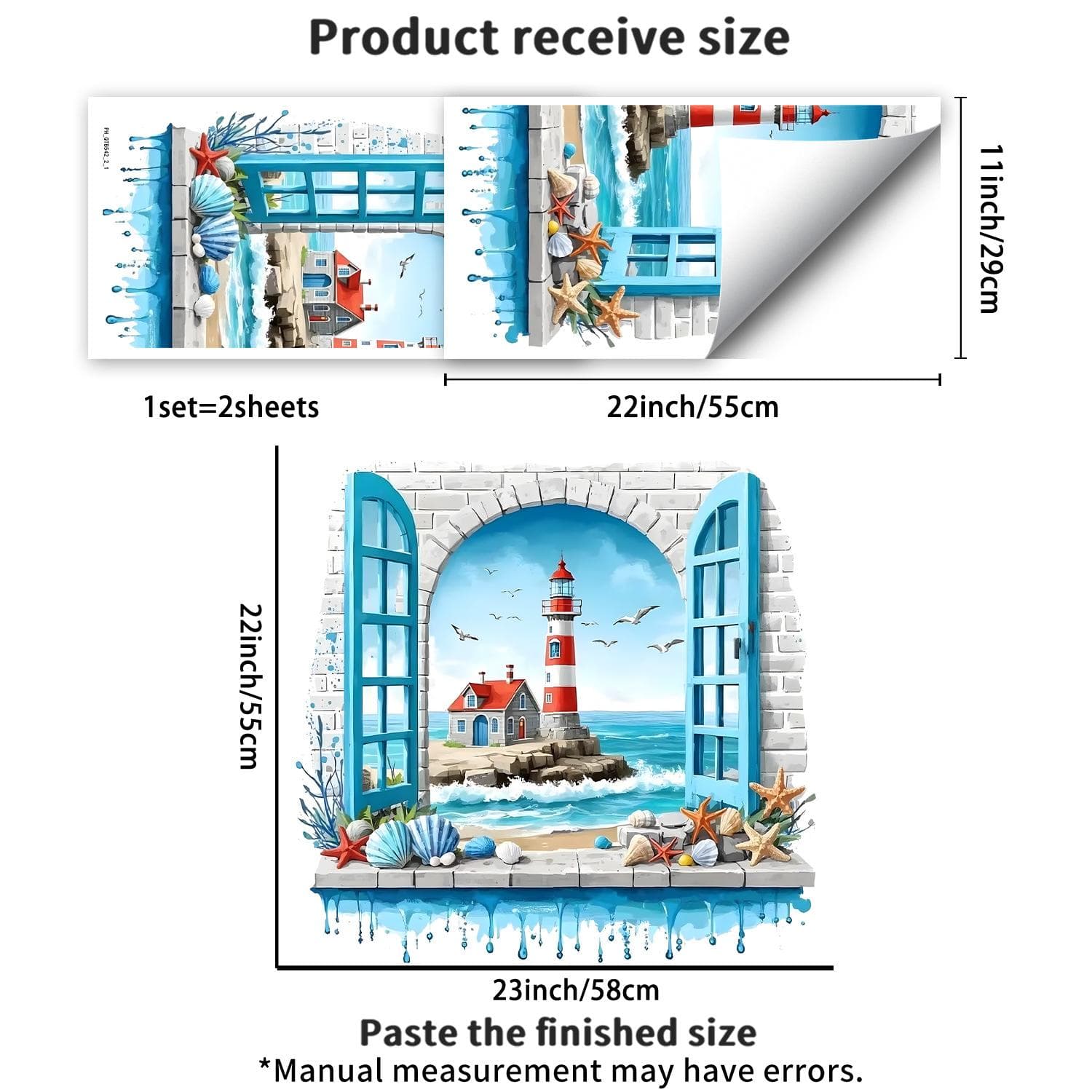 3D Faux Window Lighthouse Seascape Wall Sticker Self-Adhesive Removable Mediterranean Style Living Room Bedroom Background Wall Home Decor 55x58cm/29x55cm*2pcs multicolour