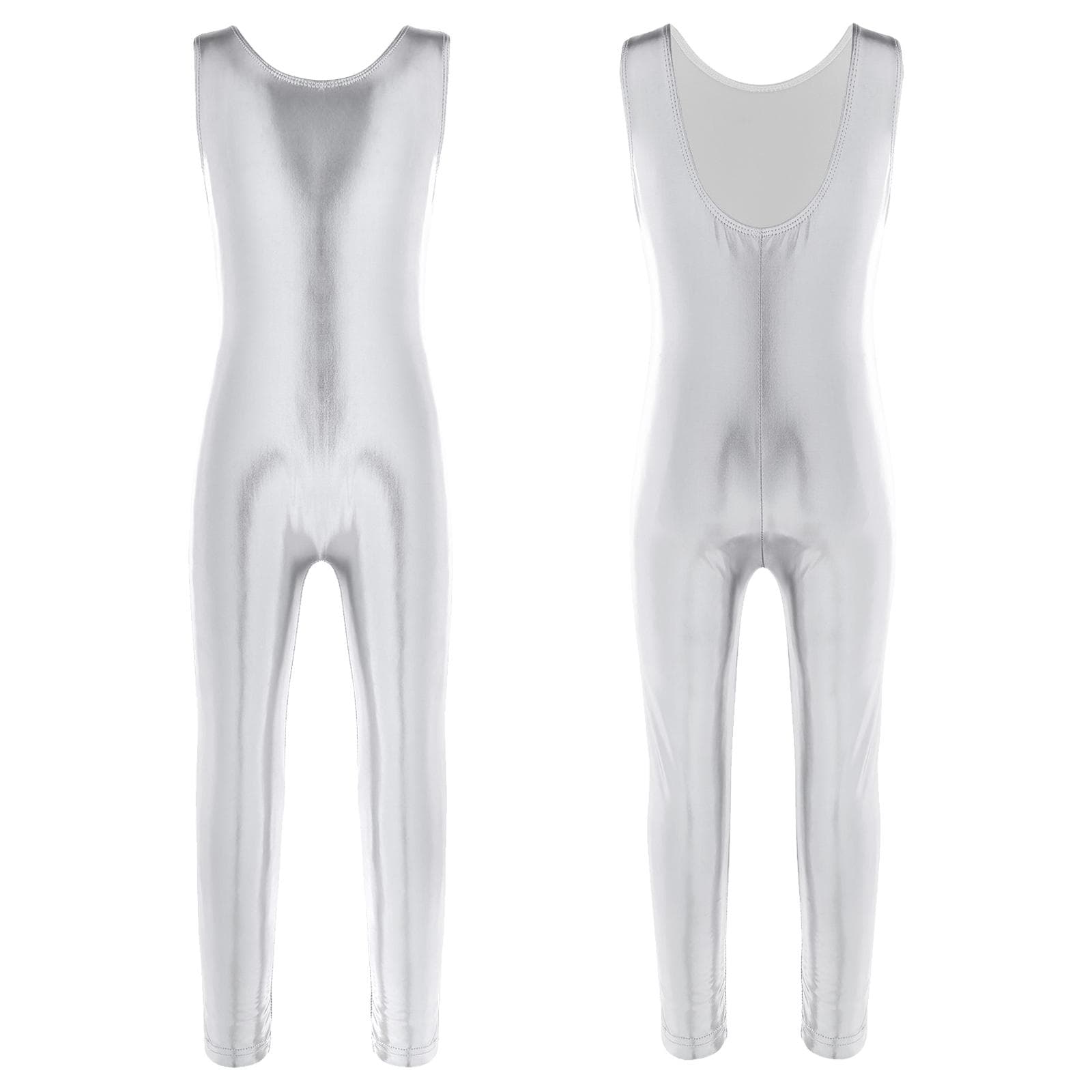 Kids Girls Sleeveless Shiny Ballet Dance Gymnastics Leotard Jumpsuit Unitard Dancewear Costume 13-14 Years silver