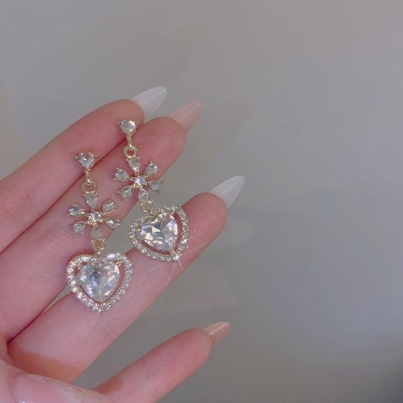 Fashion Shiny Zircon Flowers Love Heart Tassel Earrings For Women Personality Earrings Wedding Jewelry Birthday Gifts 1 pair