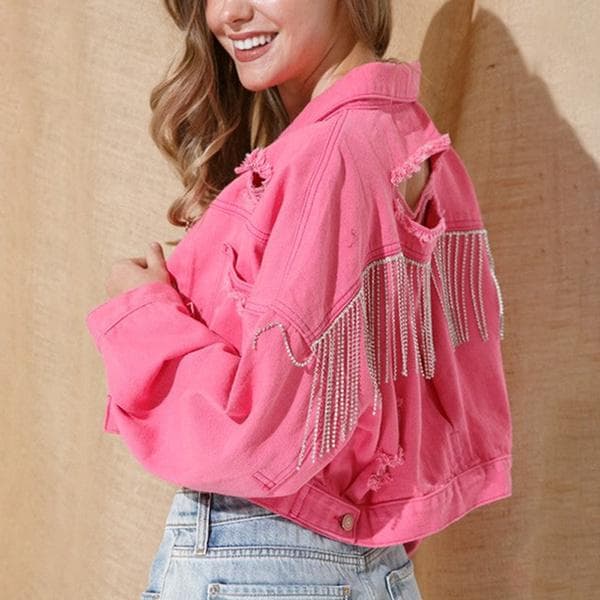 Womens Long Sleeve Back Rhinestone Tassels Loose Ripped Hole Denim Jeans Jacket Short Coat M rose red
