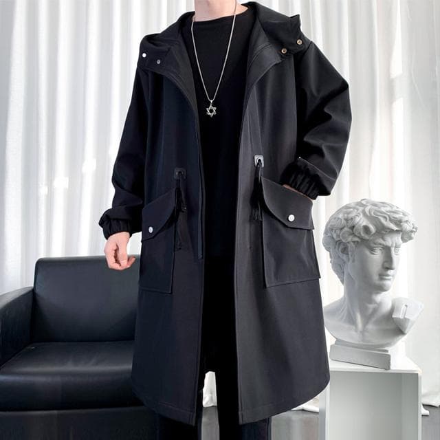 Long Trench Coat Jacket Men Cotton Autumn Spring Black Hip Hop Japanese Coats Streetwear Men's Hooded Army Green Casual Jackets XXXL black