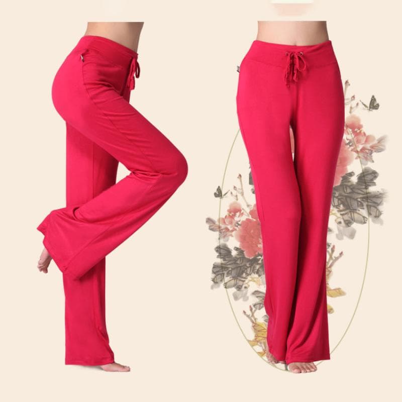 Auroth Solid Color Women High Waist Wide Leg Flared Pants Stretch Trousers Drawstring Sports Pants L wine red