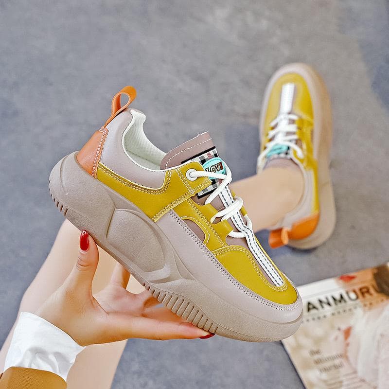 Spring and Autumn New High-end Retro Casual Shoes Comfortable and Versatile Thick-soled Shoes Color Matching Sneakers Women 40 yellow