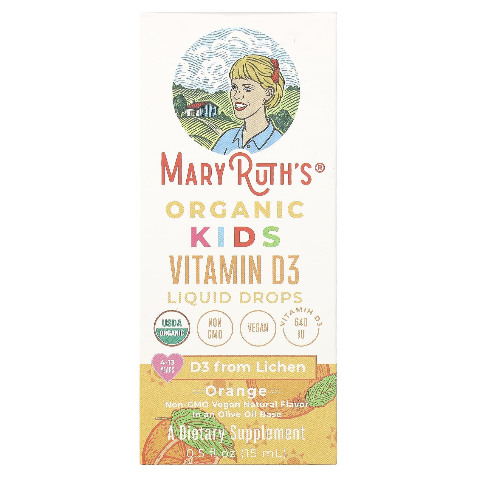 MaryRuth's, Organic Children's Vitamin D3 Liquid Drops, Ages 4-13, Orange, 640U, 0.5 fl oz (15 ml)