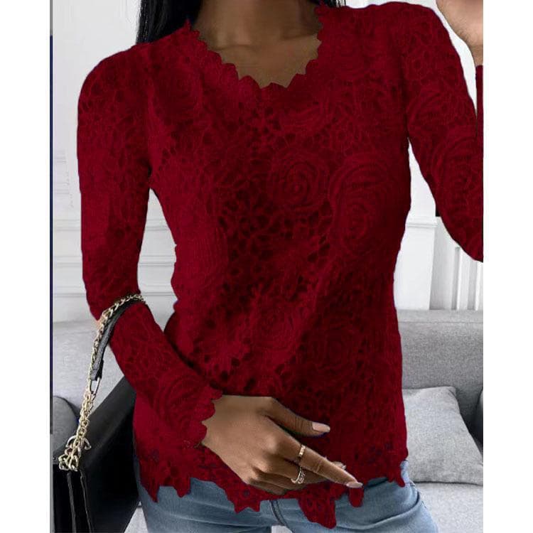 European & American Women's Lace Long Sleeve Tops - Autumn/Winter Collection 3XL claret