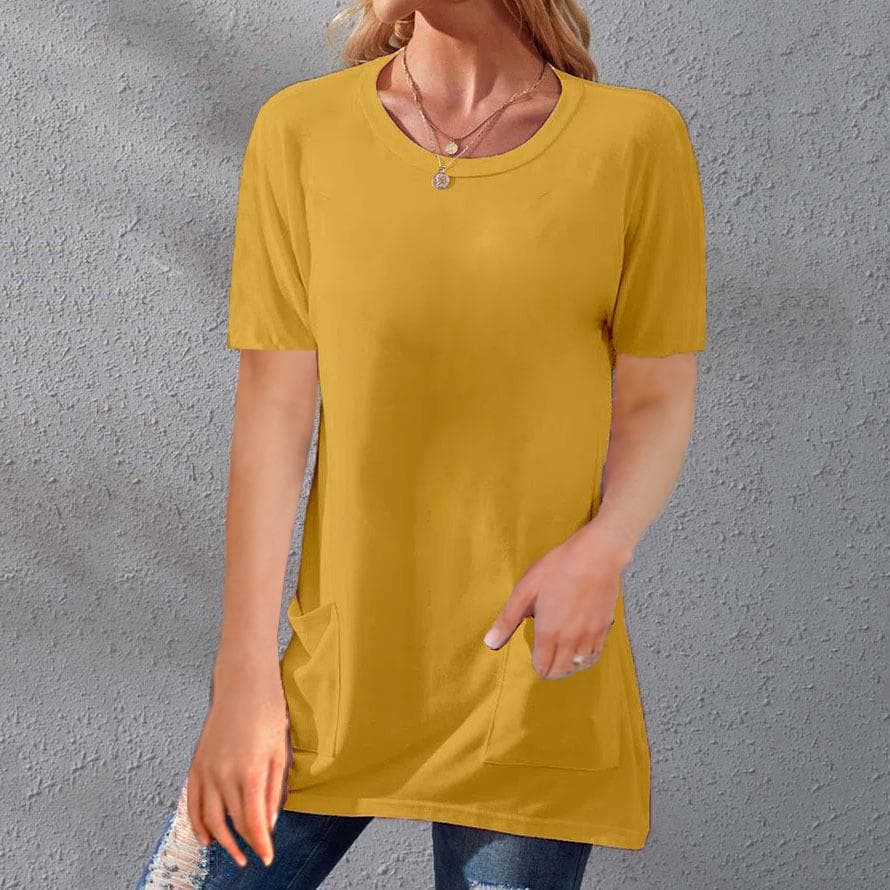 Summer Women's T-shirt Solid Color Tops Short Sleeve Loose Crew Neck Pocket T-shirt XL yellow