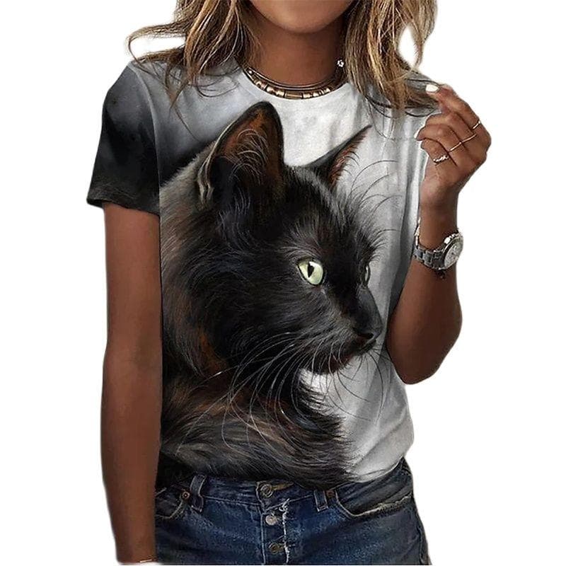 Women's T Shirt Fashion Blouse Short Sleeve T Shirt For Women 3d Cat Print Black Kawaii T Shirt Women's Oversized Summer Top S