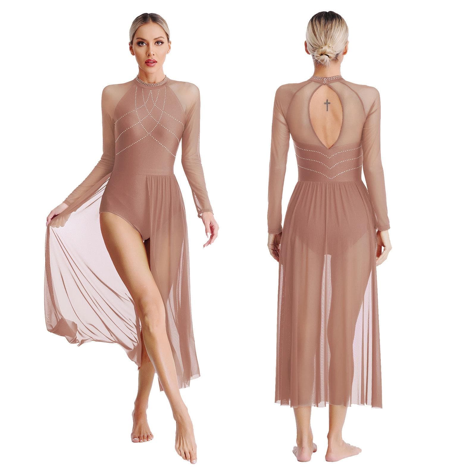 Women Modern Lyrical Dance Dress Rhinestone Gymnastics Leotard Split Maxi Dresses Long Sleeve Ballet Stage Performance Dancewear S dust storm